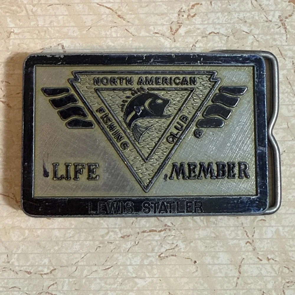 Vtg North‎ American Fishing Club Life Member Belt Buckle Engraved Name